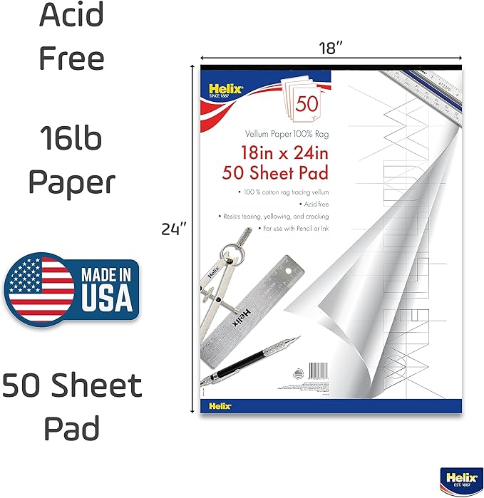 Maped - Helix 100% Rag Vellum Paper Pad 18x24 - Tracing Architectural Designs - 100% Rag Durability - Tear-resistant and Acid-Free - Large Creative Space, Smooth Texture
