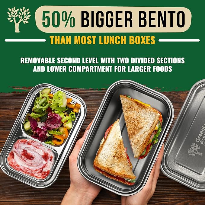 GreenLunch 2-Piece Stainless Steel Bento Box for Adults & Teens | Large 6-Cup BPA-Free Lunch Box with Removable Compartments & Snap Locks | Office, Meal Prep & Travel - Brown/Beige