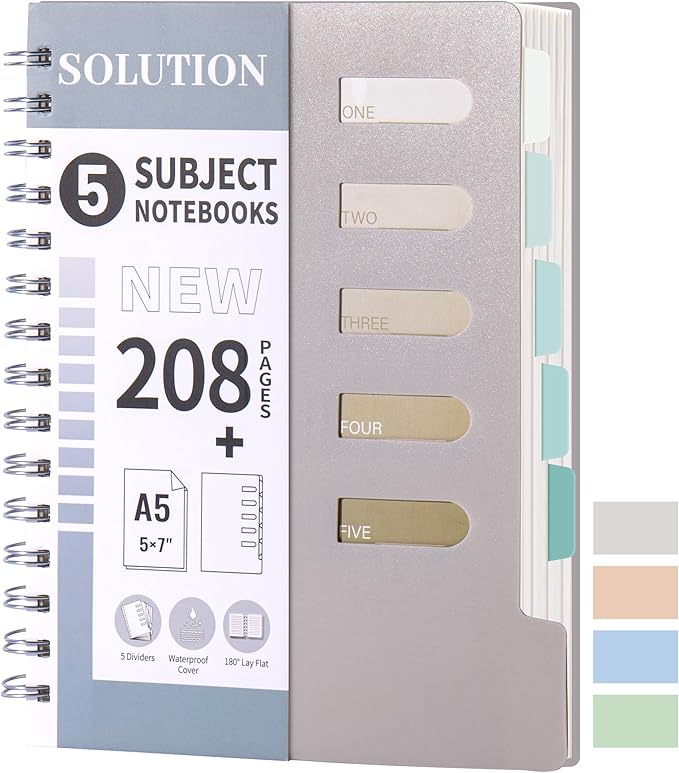 FLYING EAGLE Small 5 Subject Notebook College Ruled Spiral Notebook 5x7 with Dividers Tabs Waterproof Plastic Cover Thick Paper Notebooks for Work School, Grey