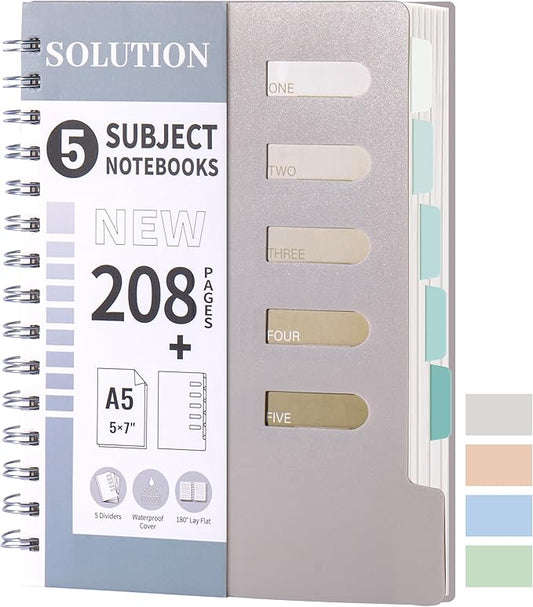FLYING EAGLE Small 5 Subject Notebook College Ruled Spiral Notebook 5x7 with Dividers Tabs Waterproof Plastic Cover Thick Paper Notebooks for Work School, Grey