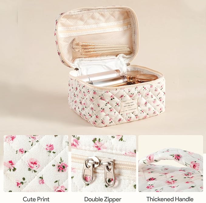 HBselect Quilted Makeup Bag, 3Pcs Cotton Large Travel Makeup Bags Organizer | Cute Floral Make up Bag Cosmetic Bag Toiletry Bag for Women Girls, Makeup Pouch for Skincare, Brushes & Travel Essentials
