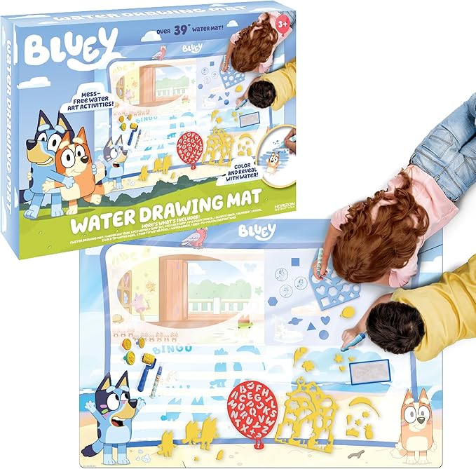 Bluey Water Drawing Mat - Mess-Free Water Art with Stamps, Stencils, and Reusable Accessories for Toddlers