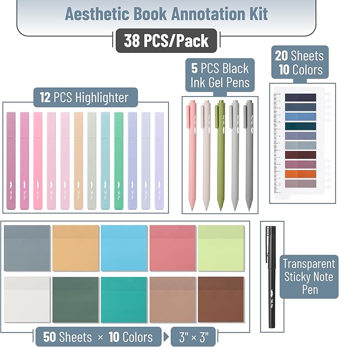Mr. Pen- Aesthetic Book Annotation Kit, 38 pcs, 12 No Bleed Aesthetic Highlighters, 5 Gel Pens Black Ink, 700 Transparent Sticky Notes & Tabs for Study, Bible Journaling, Planner, Mothers Day Gift
