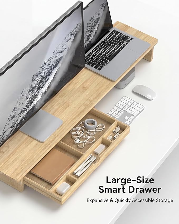 Bamboo Monitor Stand with Large Storage Drawer, 42 Inch Ergonomic Computer Riser for Desk, Screen Shelf with 5 Compartments for Keyboard & Stationery Organization Keyboard Storage
