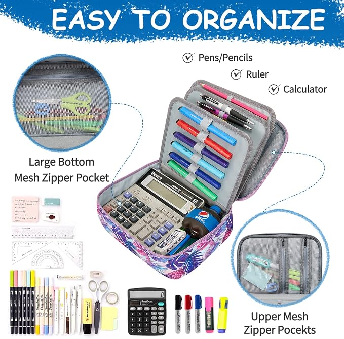 VASCHY Large Pencil Case Bag, Art Supply Marker Organizer Big Pen Pouch with Detachable Layers Slots Multiple Zipper Pockets for Kids Adults School Office Purple