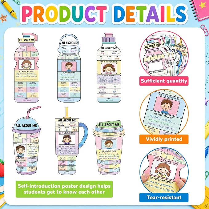 30 Pcs All About MePosters Water Bottle Star Student Poster to Fill in Elementary Kindergarten Classroom Decor Self-Introduction All About Me Posters for Back to SchoolClassroom Supplies