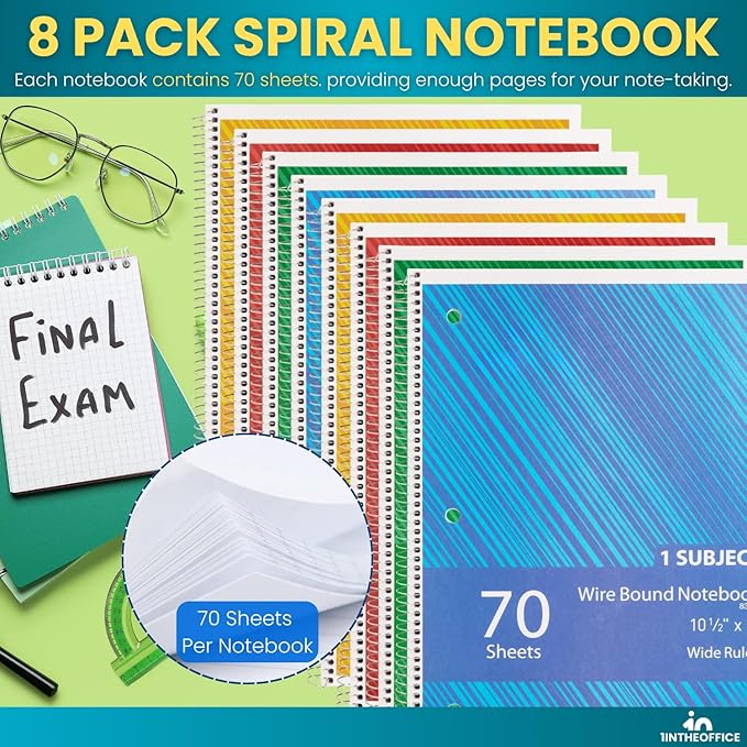 1InTheOffice Spiral Notebook College Ruled 10.5 x 7.5, 1-Subject College Ruled Notebooks, Wirebound Spiral Notebooks, 3-Hole Punched, 70 Sheets, Assorted Colors, 8 Pack