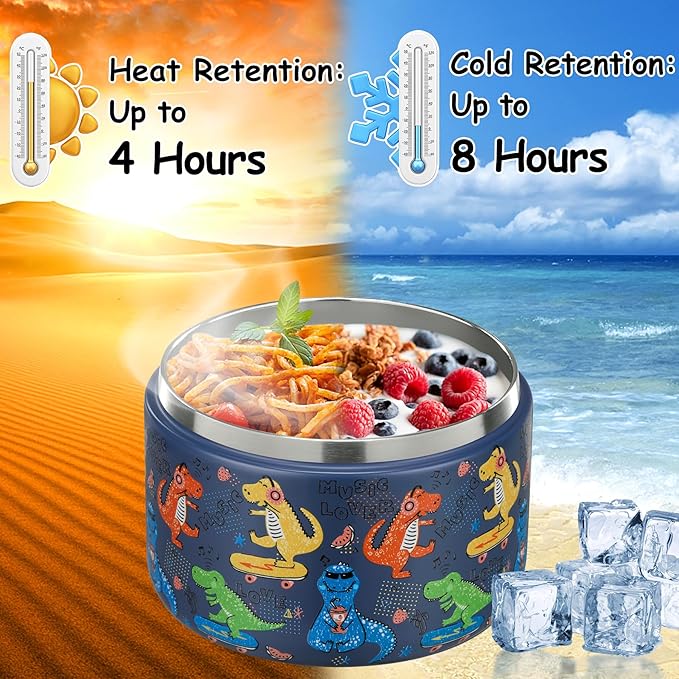 Pawtong 12oz Insulated Vacuum Food Jar with Buckle Lid Wide Mouth Soup Thermo for Hot Food Kids Leakproof Stainless Steel Lunch Container (Blue-Dinosaur)