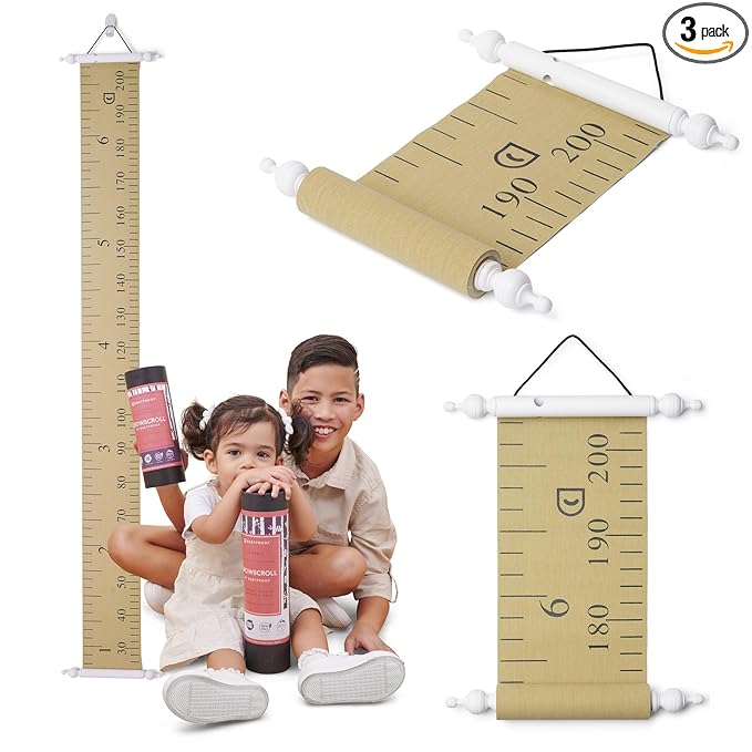 Growscroll Classic Kids Growth Chart for Wall - Unique Height Chart for Boys & Girls - Handcrafted Using Canvas & Hard Types of Wood - Great Collectible Or Family Heirloom - Khaki White Bars