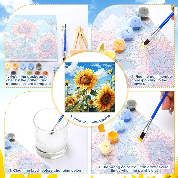 RoundFunny 8 Set Paint by Numbers Kit for Adults with 8x8 Inch Mini Simple Painting Canvas Wooden Frame Easel Acrylic Paints Brushes Funny Numbers Drawing Kit for Gift Home Wall Decor(Vibrant Blooms)
