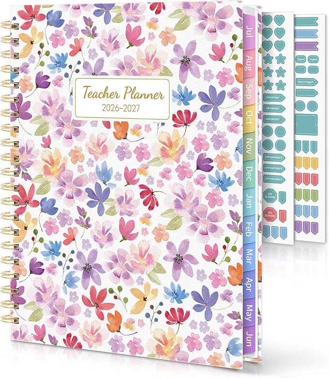 SKYDUE Teacher Planner 2026-2027 Academic Year, 8.5" x 11" Teacher Lesson Planner with Monthly Tabs & Stickers, Lesson Plan Book 26-27, Floral