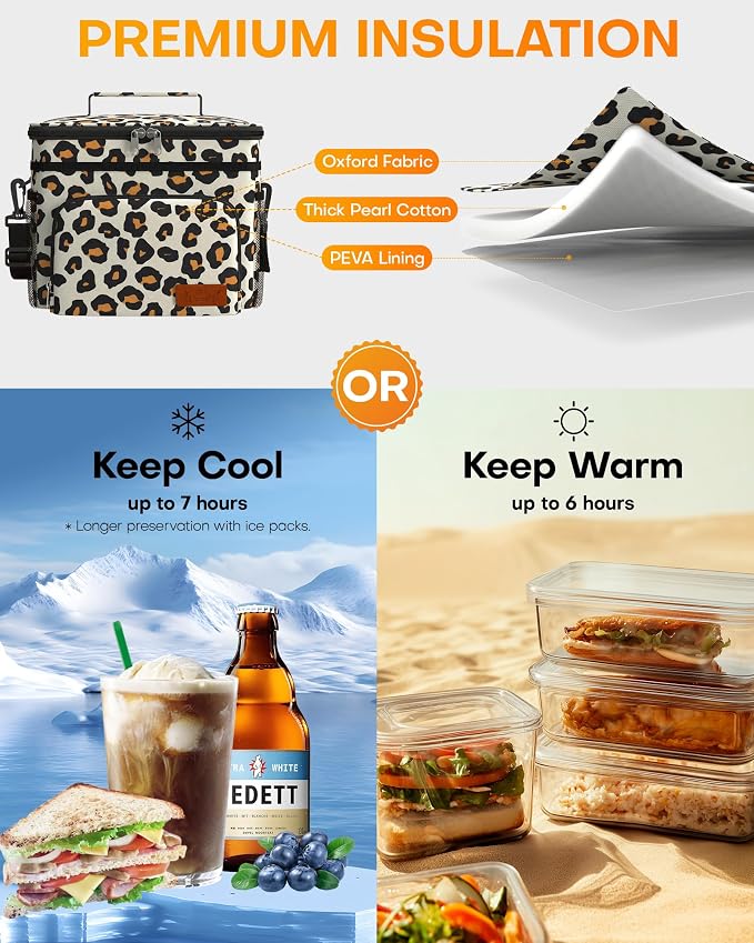 HOTOR Insulated Lunch Box Men Women Leak-Proof Cooler Lunch Bag 9L | 4 Pockets, Adjustable Strap, Ideal for Work, Picnic, Travel, Camping, Gift, Brown Leopard