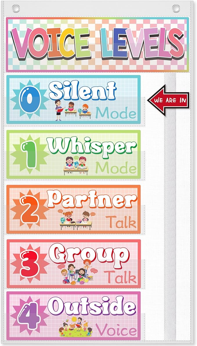 Voice Level Pocket Chart for Classroom - White Voice Level Classroom Decorations with 8 Cards for Preschool Classroom Must Haves Supplies