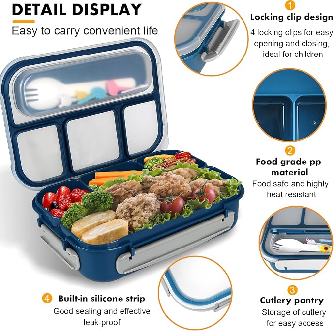 Bento Box for Kids 1300ML with 4 Compartment & Food Picks Cake Cups, Blue | Lunch Box Containers for Adults/Kids/Toddler, Leak-Proof, Microwave/Dishwasher/Refrigerator Safe, BPA Free