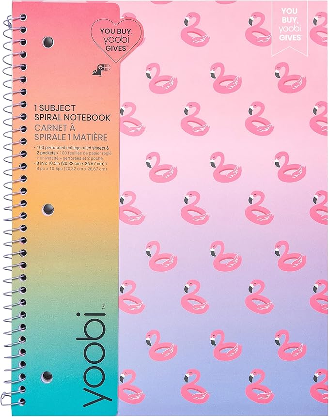 Yoobi 1 Subject Notebook | 100 College Ruled Sheets | Flamingo Print | 2 Interior Pockets | FSC Certified Paper