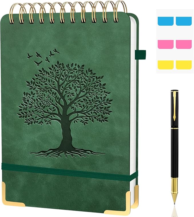 Mousbull A5 Top Spiral Notebook, Tree Pattern Large Leather Hardcover Left Handed Journal, 240 Pages 100 Gsm Lined Paper Top Bound Steno Pads for Work, School, Travel Writing - Green, 5.9" x 8.5"
