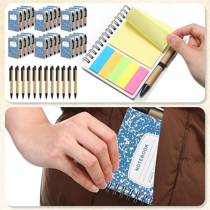 Dunzoom 24 Sets Spiral Notebook Bulk, Steno Pads Lined Notepad with Pen, Sticky Notes Colored Index Tabs, 5.2" x 4.1" Pocket Notebook for Home Business Office Supplies, 60 Sheets (Blue)