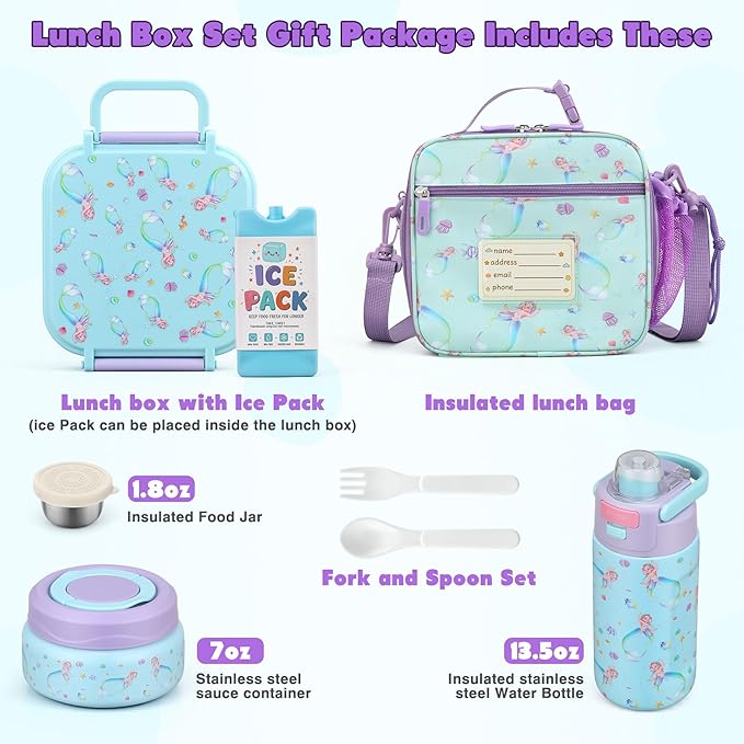 Bento Lunch Box for Kids with 7oz Soup Thermo,Insulated Stainless Steel Kids Water Bottle with Straw and Insulated Lunch Bag,Leak-Proof Lunch Food Container with Ice Pack for School (Purple-Mermaid)