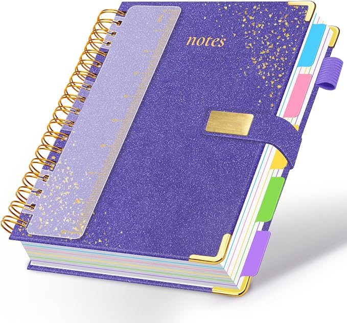 Spiral Notebook Journal 8''x 10'' 5 Subject Notebook with Dividers, 300 Pages Notebook College Ruled with Magnetic Closure, B5 Tabbed Notebooks for Work School, Sparkle Journal for Women (Purple)