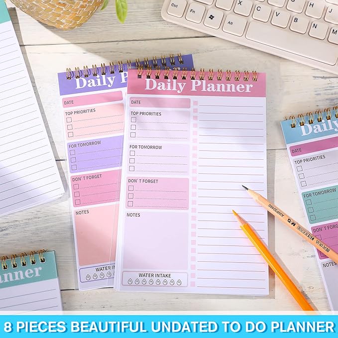 8 Pack To Do List Notepad 25 Page Undated Daily Planner Notepad To Do List Notebook Spiral Waterproof with Task Checklist for Home Office School Supplie Schedule Work(7.8 x 5.2 Inch,Vivid Color)