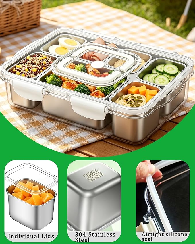 Snackle Box Container, 7-Compartment Stainless Steel Snack Box, Dishwasher Safety Snack Tray with Lid and Handle, Large Divided Serving Tray for Travel, Picnic, Beach, Pool and Parties