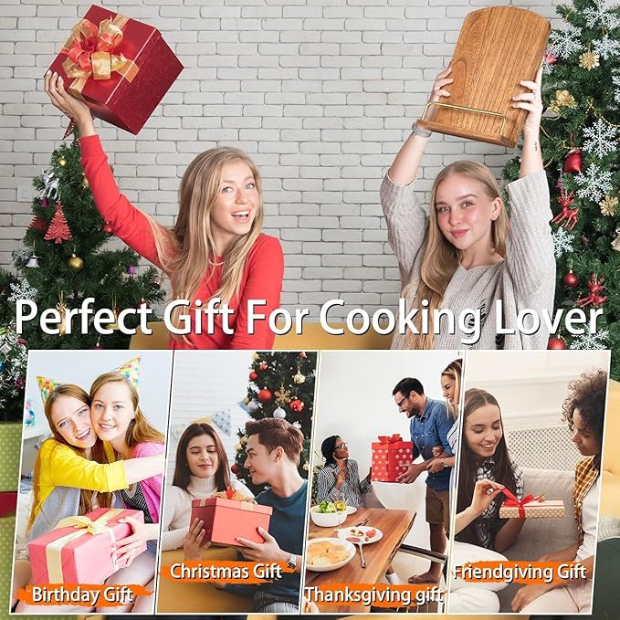 Wooden Cookbook Stand for Kitchen Countertop: Folding Wood Recipe Holder, Ergonomic Reading Stand for Large Hardcover Books and iPad, Ideal Gift for Mom and Grandma, Stable Non-Slip Desktop Bookrest