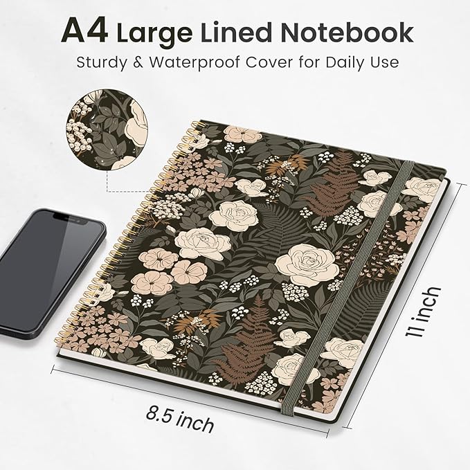 Taja Large Spiral Lined Journal for Women, 8.5" x 11" Notebooks for Work Collge Ruled, A4 Aesthetic Cute Journaling Notebooks for Writing, Plastic Cover, Wild Rose