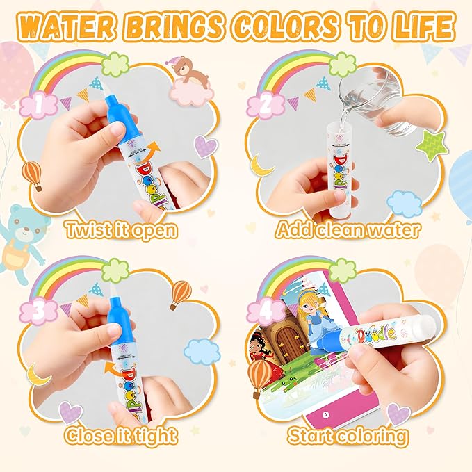 6P Water-Reveal Coloring Book for Toddlers–Mess Free Reusable Water Painting Pad with Pen,6 Fun Themes for Boys & Girls,Travel Activities,Party Favors,Holiday & Birthday Gifts for Kids Ages 3+