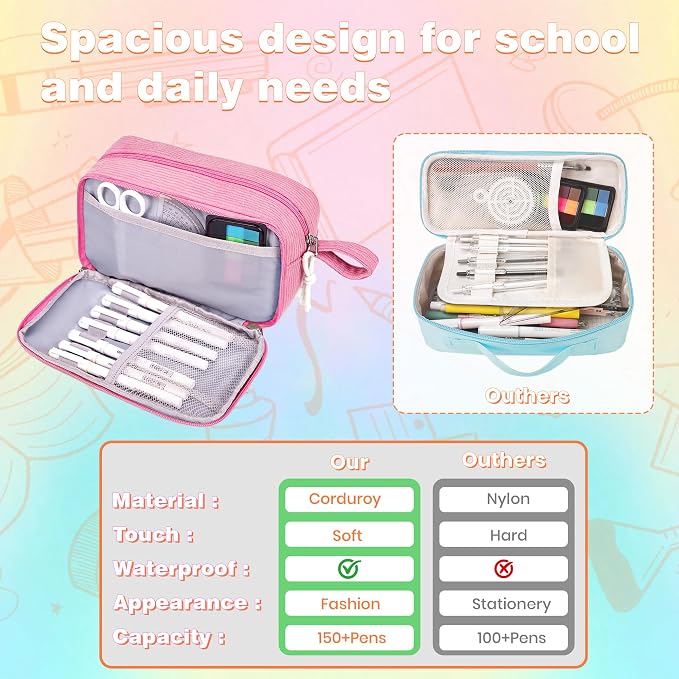 Big Capacity Pencil case,Soft Corduroy Pencil Bag with 3 Compartment,Pencil Pouch School Supplies Cute Pencil Box Pencil Bag for Teen Girls Boys College