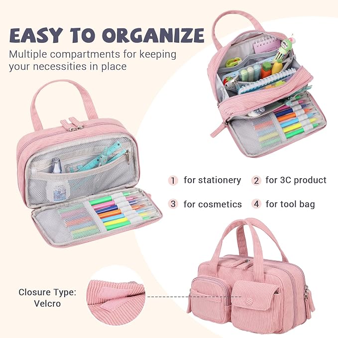 Pencil Case Corduroy Multiple Compartments Pouch Bag for Girl, Pink