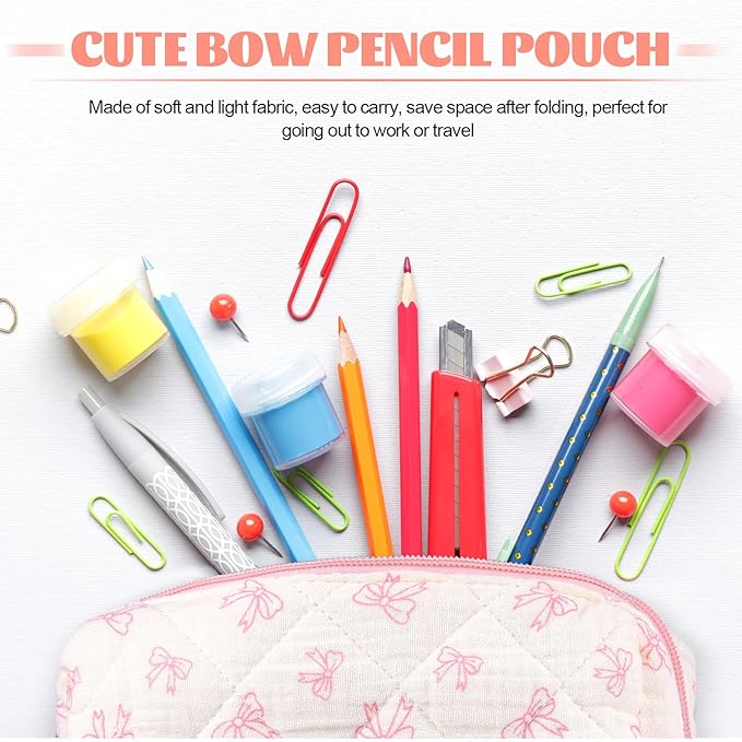 Sherr Coquette Bow Pencil Case Pink Bow Cute Pencil Pouch Soft Cotton Storage Bag Aesthetic Pattern Gift Makeup Pouch Cosmetic Bag for Women