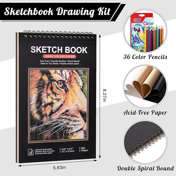 Drawing Sketchbook Kit, A5 Sketch Book with 36 Color Pencils, Three Color Black Sketch Pad, Acid-Free Sketch Pad for Kids, Artist, Art Paper Drawing Supplies for Gifts (5.8×8.3 inch)