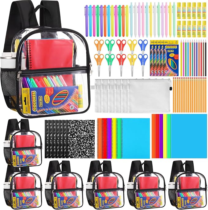 150 Pcs/ 6 Sets Back to School Supplies Bulk Clear Backpack with School Supplies Kit Backpack Composition Books Notebook Pencil Folders Scissor Sticky Notes Pad Glue for Classroom Office Budget Supply