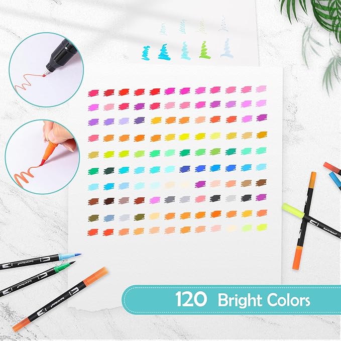 nauets 120 Colors Brush & Fine Dual Tip Watercolor Markers Set for Adult Professional Coloring Paint Pens For Drawing Note taking Planner Calligraphy Journaling Card Making Art Supplies