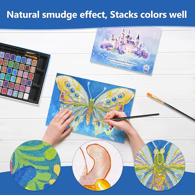 CraftyManor Mini Glitter Watercolor Paint Set with Paper, 60 Colors Shimmer Metallic Watercolour Painting Sets, Solid Pearl Water Color Paints, 1ml Trial Package(1ml 60 Colors)