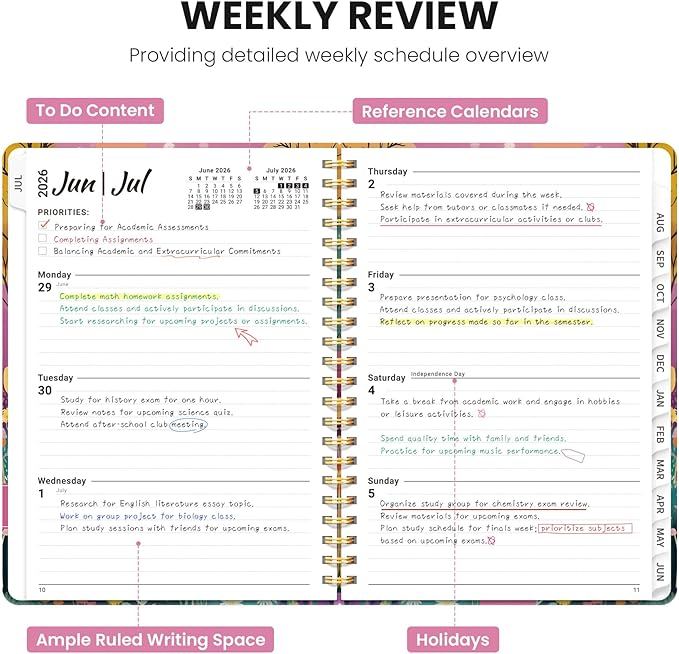 Planner 2026-2027, Academic Planner Weekly and Monthly, Jul 2026 - Jun 2027, Spiral Bound School Planning Tool with Tabs and Pocket, Perfect for Students & Teacher, 6.3" x 8.5", Fox Hollow
