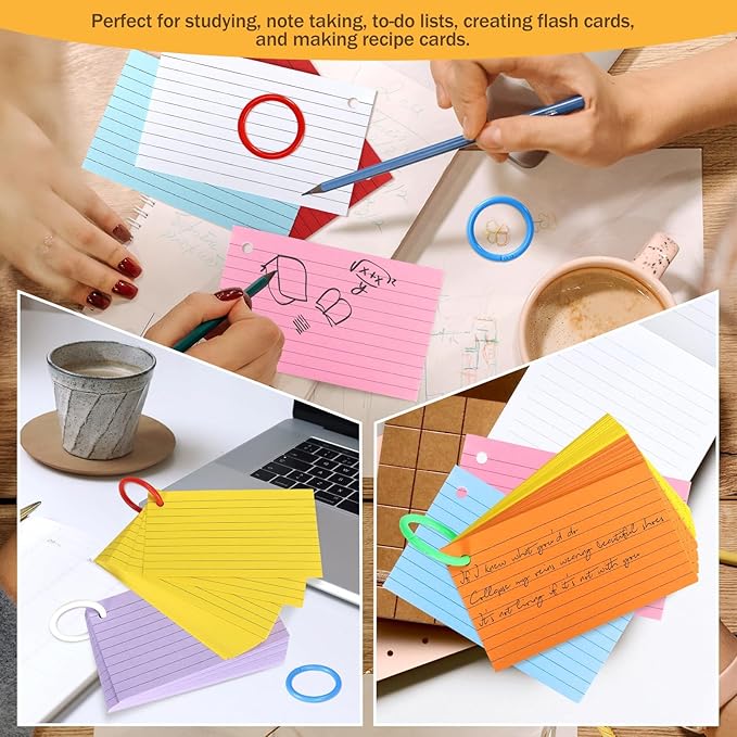 Tecmisse 1200 PCS Colorful Index Cards with Rings, Colored Flash Cards with Rings, 3 x 5 Inch Ruled Note Cards Flashcards Study Cards Notecards for Learning and office Supplies, 12 Colors