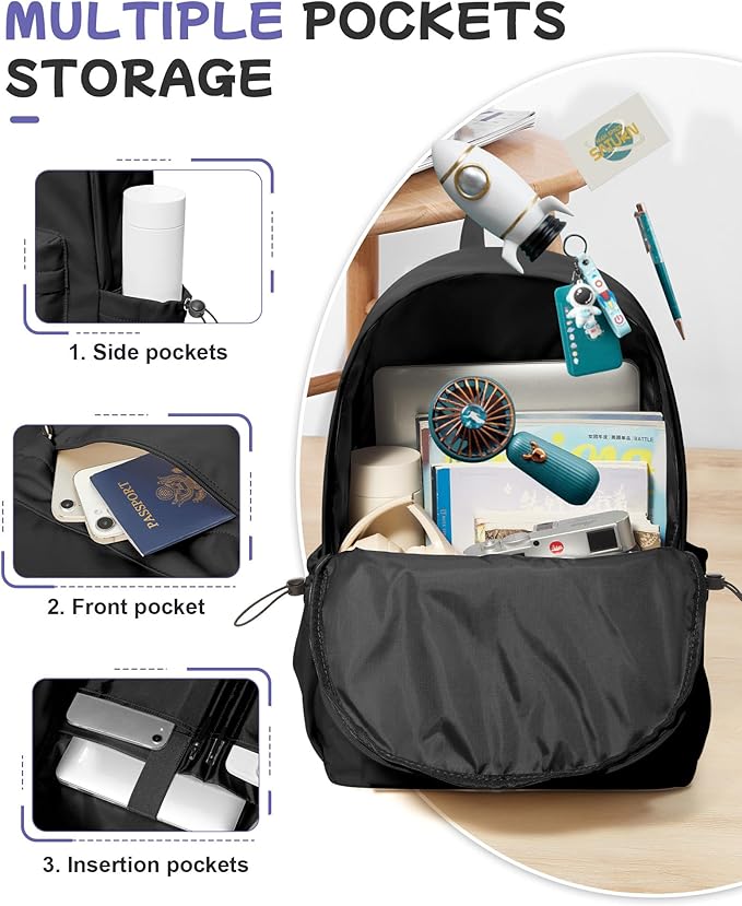 SEAFEW Large Black Classic Basic Backpack for Women, Gym Backpack for Women Foldable Outdoor Weekender Gym Bag, Waterproof Sports Back Pack & Dance Yoga travel Bag