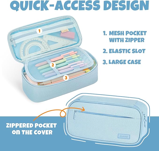 SUNEE Cute Pencil Case, Large Capacity Pencil Pouch, Big Storage Organizer for Stationery, Zipper Pen Bag, Back to School Supplies, Office Organizer Makeup Bag, for Teen Girl Boy Men Women, Blue