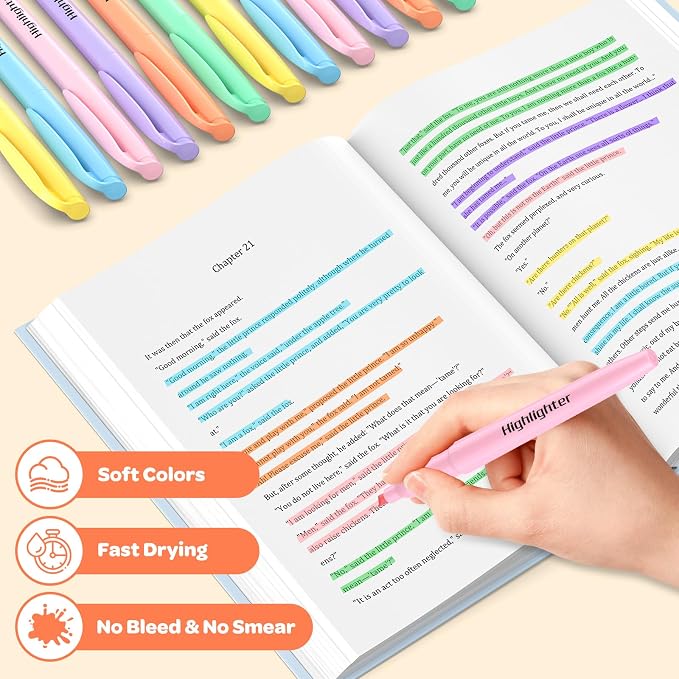 48 Count Pastel Highlighters Bulk - 6 Assorted Soft Colors, Chisel Tip, No Bleed & Quick Dry, Ideal for Note Taking, Studying, School, Office, Student & Teacher Supplies