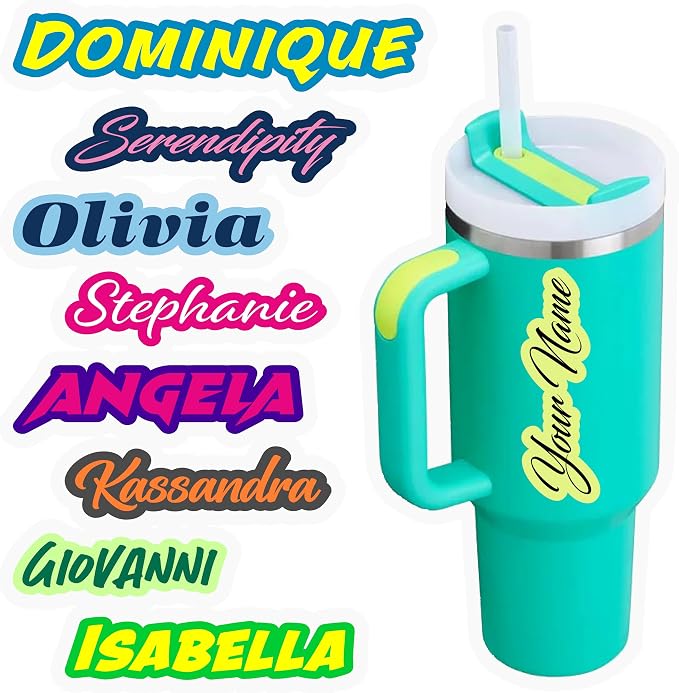 Custom Name Stickers for Water Bottles - Personalized Dishwasher Safe, Vinyl Outline Name Labels for Cups, Tumblers, Helmets, Laptop, Bikes, Cars, Storage and Pet Bowls (Short 3-8 Letters)