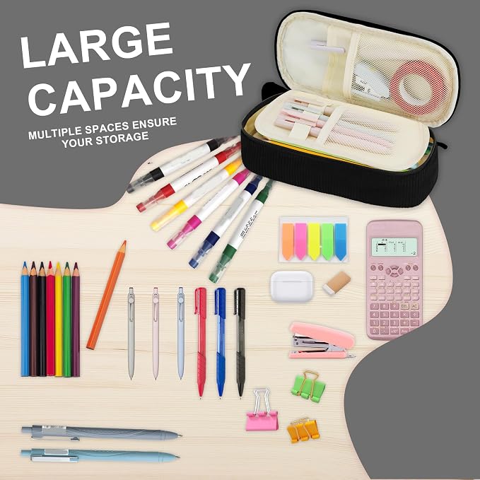Zzrywuty Aesthetic Pencil Case, Large Capacity Soft Corduroy Pouch with Handle, Wide Opening Black Cute Stationery Bag & Organizer for School Office, Teens Adults