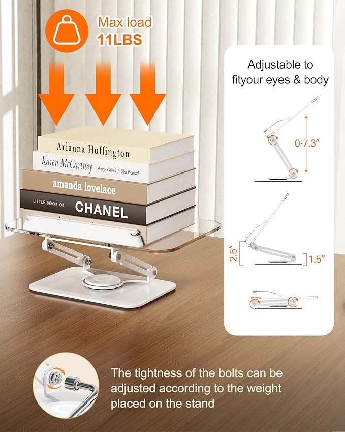 Acrylic Book Stand for Reading, Adjustable Book Holder with 360° Rotating Base & Elastic Page Clips, Foldable Desktop Riser Stand for Cookbook,Laptop,Tablet,Music Scores,Recipe,Textbook (White, 11.8")
