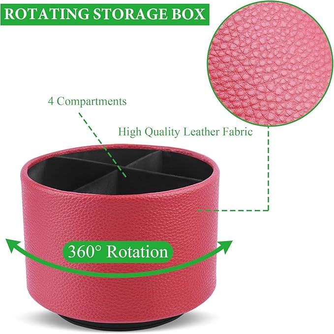 Round Leather Art Supply Organizer,Remote Control Holder,360 Degree Spinning,Multi-Functional Pencil Holder,4 Compartments Desktop Stationary Organizer(1-Lichee Red)