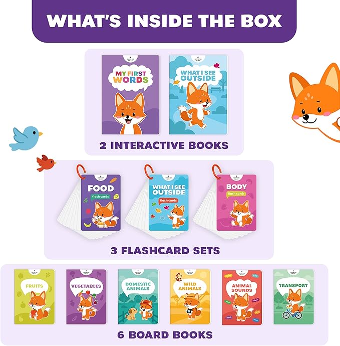 Clever Fox Play Smart Baby Box for 12-18 Months – 11 Montessori Speech Therapy Board Books & Flash Cards – Toddler Learning Toys & Activity Busy Book with Pre-K Activities for 1-Year Old