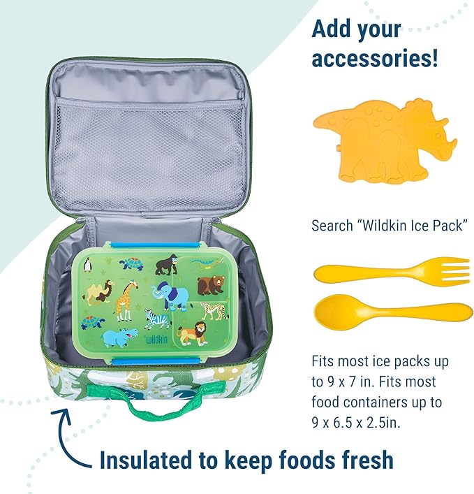 Wildkin Kids Insulated Lunch Box, Keeps Food Hot or Cold, BPA-Free with Mesh Pockets & Easy-Clean Lining – Ideal for School, Travel & Daycare – Dinomite Dinosaur