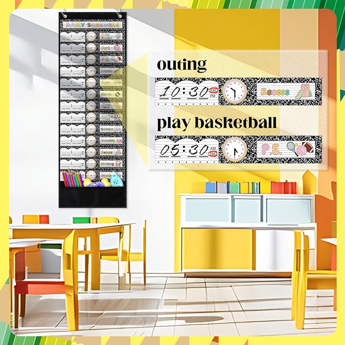 Chiisong Daily Schedule Pocket Chart, Boho 14+1 Pocket, with 40 Pcs Reusable Dry Eraser Cards Calendar for Classroom Toddler Schedule Chart Office Home Activity(Black and White Stylish)