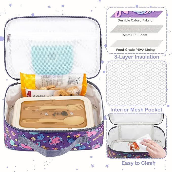 FlowFly Kids Lunch box Insulated Soft Bag Mini Cooler Back to School Thermal Meal Tote Kit for Girls, Boys, Purple Unicorn