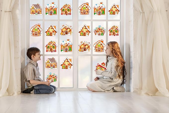 Renbuzhu 40PCS Christmas Crafts Bulk: Gingerbread House Paper Suncatchers DIY Kit for Winter Xmas Holiday Activities Decorations, Window Stained Glass Effect Art Ornaments
