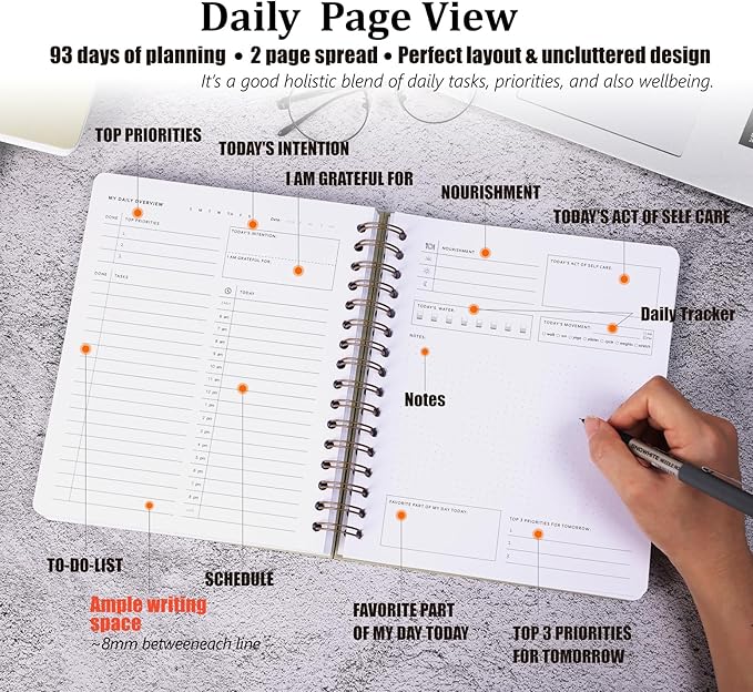 Daily Productivity Planner with Monthly View - Large 93 Day Dashboard Desk Notepad for Time Management, Mindfulness, Self Care, Goal Setting, To Do List-Hard Cover Wire-bound